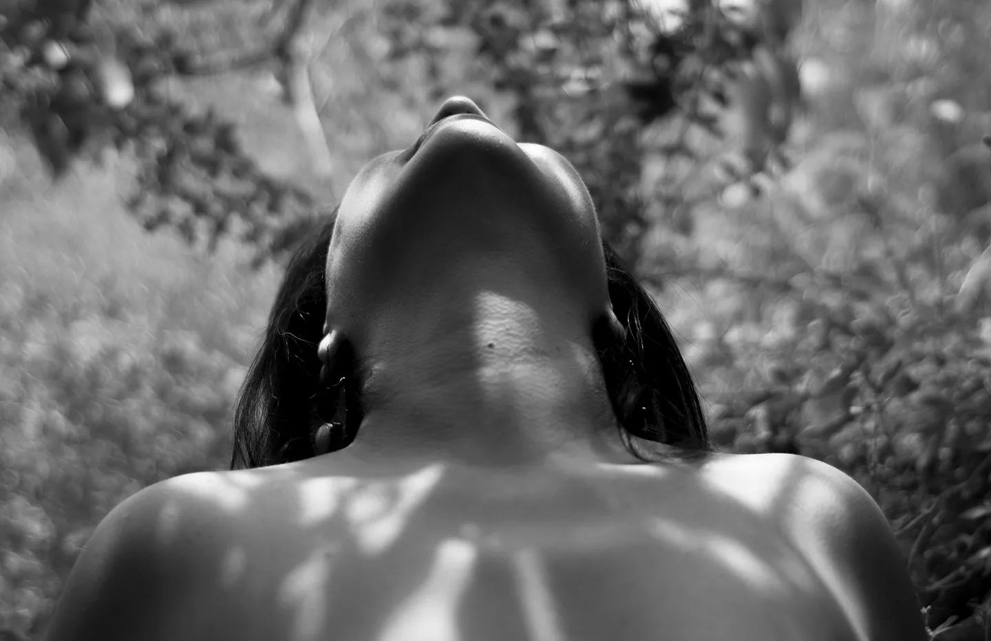 Retrato en blanco y negro entre follaje